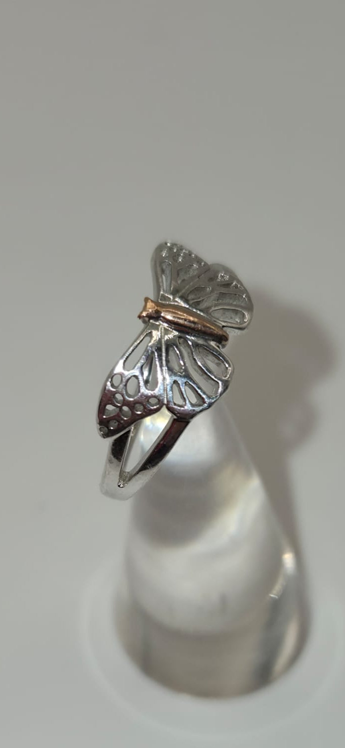 Welsh Clogau Sterling Silver & 9ct Rose Gold Butterfly Stacking Ring size P