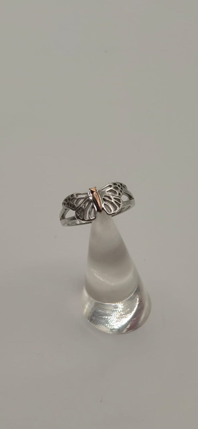 Welsh Clogau Sterling Silver & 9ct Rose Gold Butterfly Stacking Ring size P