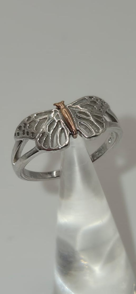Welsh Clogau Sterling Silver & 9ct Rose Gold Butterfly Stacking Ring size P