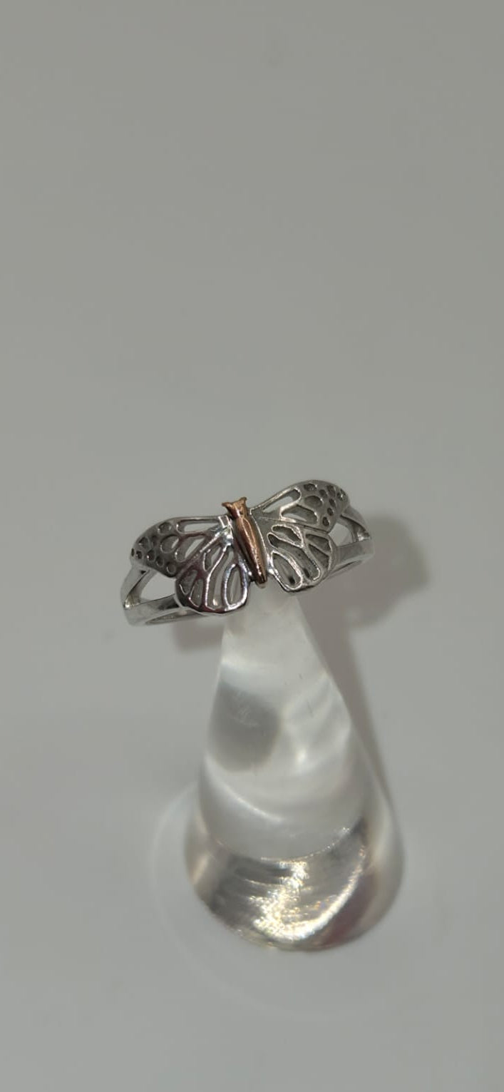 Welsh Clogau Sterling Silver & 9ct Rose Gold Butterfly Stacking Ring size P