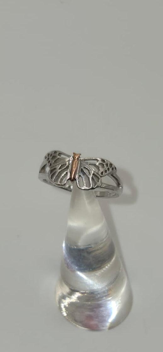 Welsh Clogau Sterling Silver & 9ct Rose Gold Butterfly Stacking Ring size P