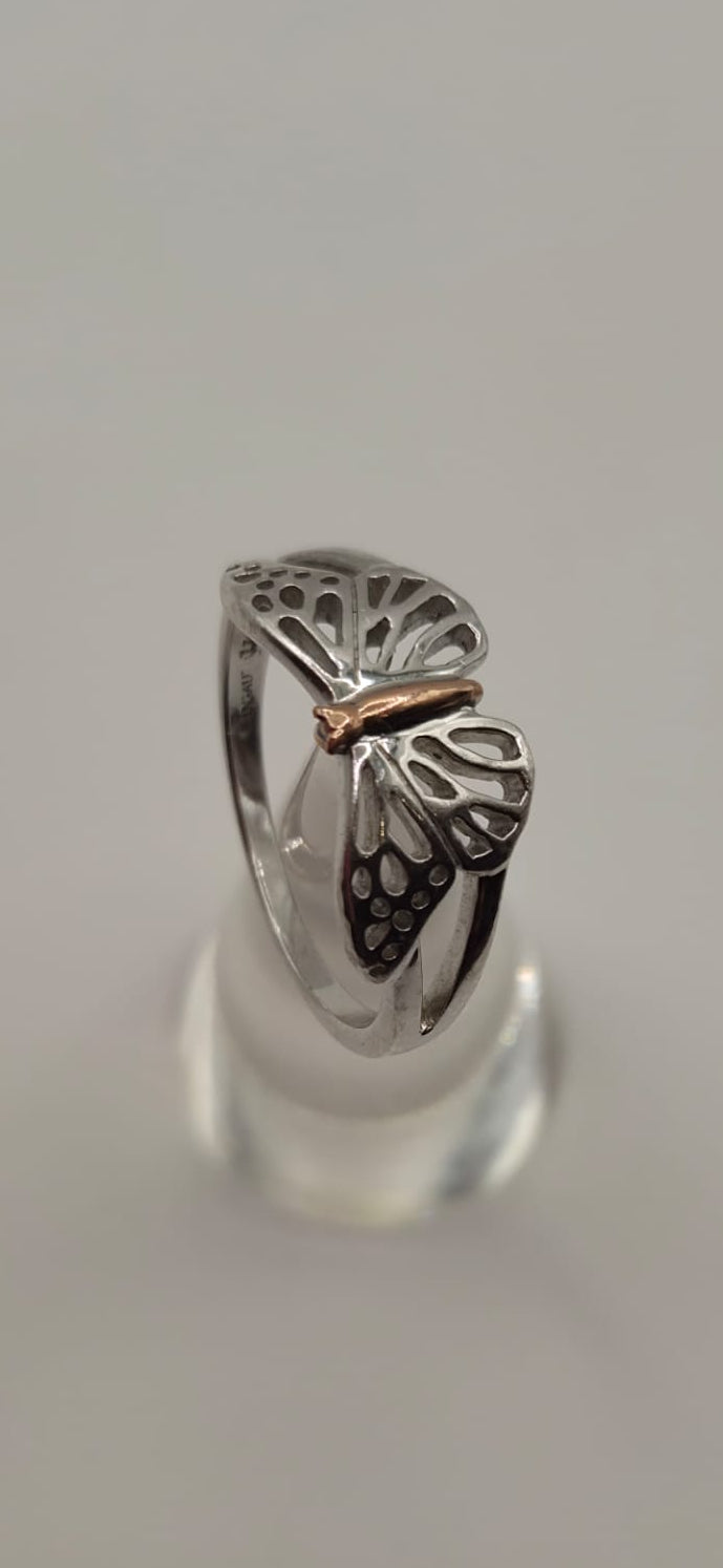 Welsh Clogau Sterling Silver & 9ct Rose Gold Butterfly Stacking Ring size P